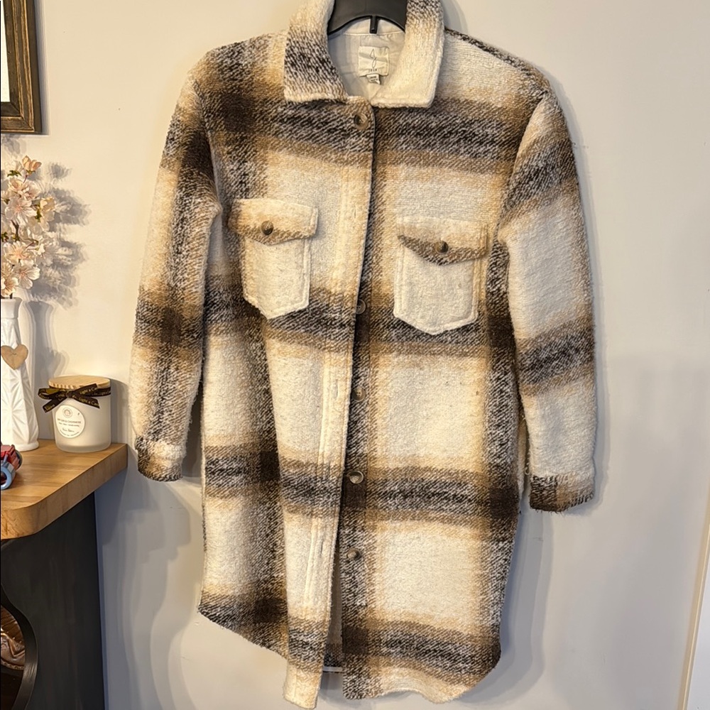 Joie Brown and Cream Teddy Jacket with Plaid Pattern